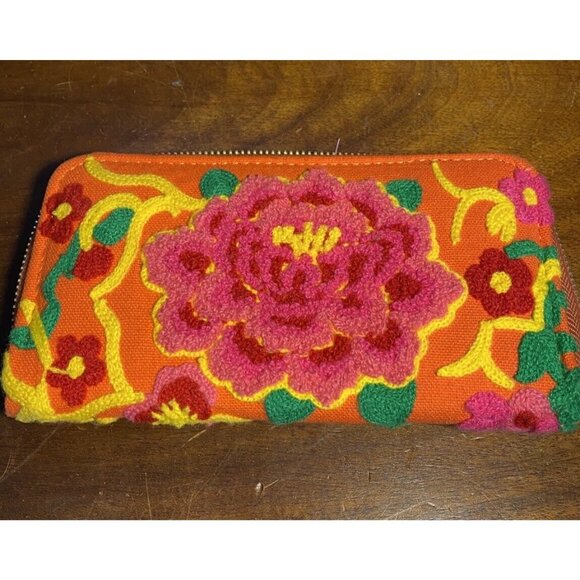 Embroidered Zip Around Wallet 8x4 Orange, Pink Boho Joyful 8"x4" - Picture 1 of 5